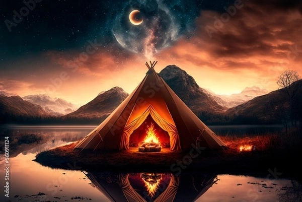Obraz Rest place in forest, Lonely glamping tent with bonfire among green trees, Illuminated bell tent at night
