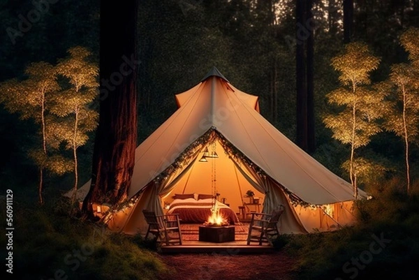 Obraz Rest place in forest, Lonely glamping tent with bonfire among green trees, Illuminated bell tent at night