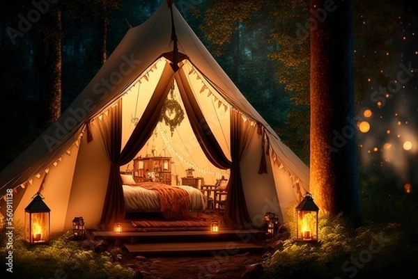 Fototapeta Rest place in forest, Lonely glamping tent with bonfire among green trees, Illuminated bell tent at night