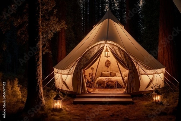 Obraz Rest place in forest, Lonely glamping tent with bonfire among green trees, Illuminated bell tent at night