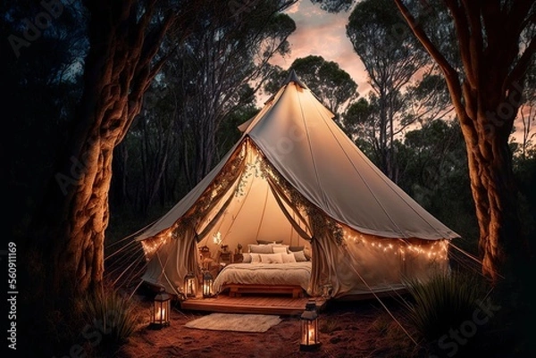 Obraz Rest place in forest, Lonely glamping tent with bonfire among green trees, Illuminated bell tent at night