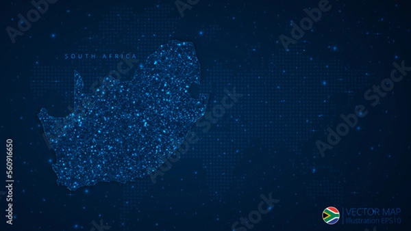 Fototapeta Map of South Africa modern design with polygonal shapes on dark blue background. Business wireframe mesh spheres from flying debris. Blue structure style vector illustration concept