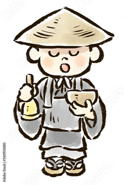 Fototapeta 托鉢と鈴を持った修行中の子供のお坊さんの手描きイラスト