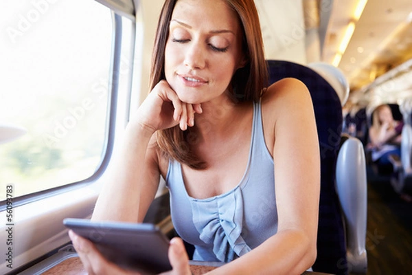 Fototapeta Woman Reading E Book On Train