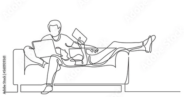 Fototapeta one line drawing of young couple relaxing on sofa with laptop tablet working from home - PNG image with transparent background