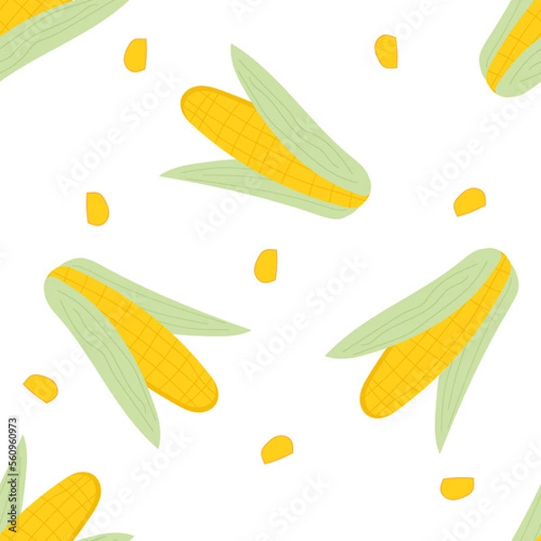 Obraz Seamless pattern with yellow corn and corn grains on a white background. Square composition. Vector background.