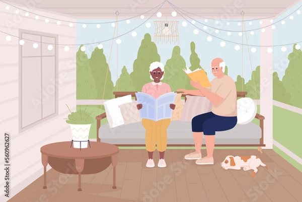 Fototapeta Married couple reading on cozy terrace flat color vector illustration. Elderly people sitting on swing and relaxing. Fully editable 2D simple cartoon characters with veranda, garden on background