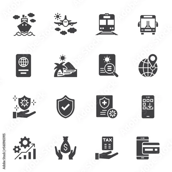 Fototapeta Travel Icon, Icobs for Ease of Traveling concept. Vector solid icons set.