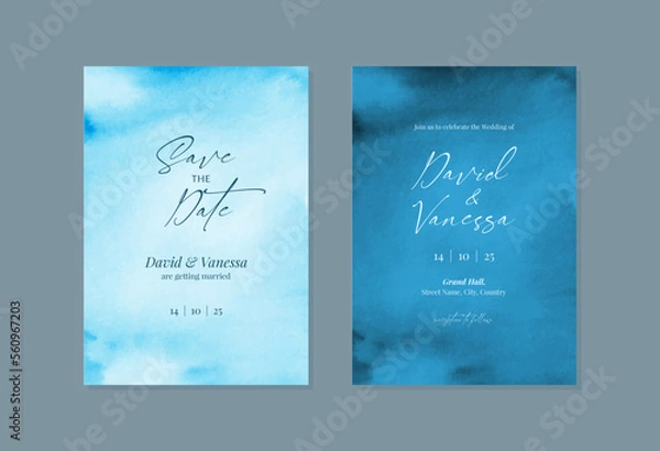 Fototapeta Watercolor wedding invitation card template with blue texture
