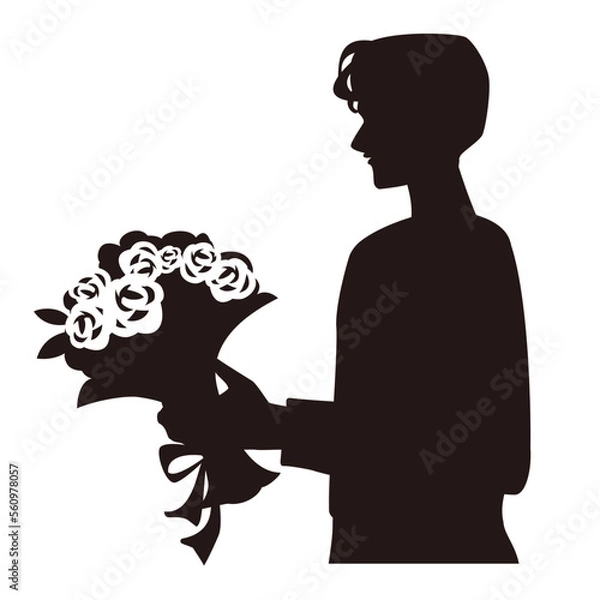 Fototapeta 薔薇の花束を手に持つ男性の上半身のシルエットのイラスト。