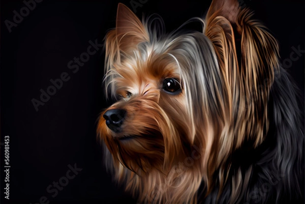 Obraz Beautiful Yorkshire Terrier dog portrait in front of dark background.