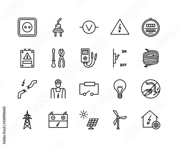 Fototapeta Electrician flat line icons set. Contains such Icons as power socket, torn wire, energy meter, lamp, electricity services. Simple flat vector illustration for web site or mobile app.