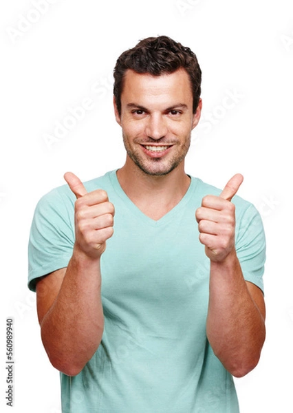 Fototapeta Thumbs up, happy and portrait of a man in a studio with success, good news and agreement. Happiness, smile and handsome male model with a yes, ok and approval gesture isolated by a white background.