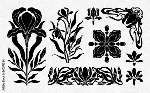 Fototapeta Floral iris set in art nouveau 1920-1930. Hand drawn in a linear style with weaves of lines, leaves and flowers.
