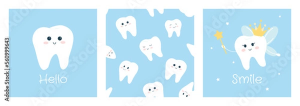 Fototapeta Cute vector illustration and seamless pattern with white smiling tooth and tooth fairy isolated on blue background.