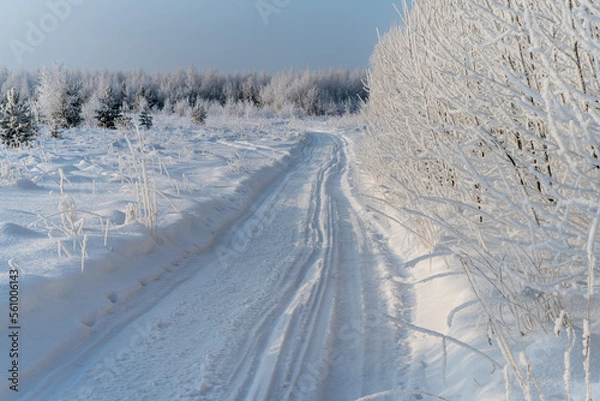 Fototapeta Winter landscape with trees in hoarfrost and a road in the forest.