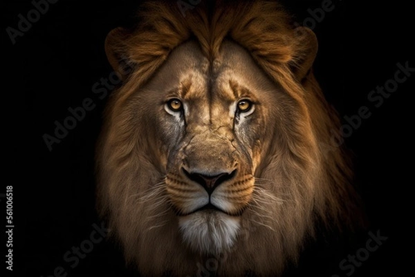 Fototapeta Lion Looks At You Isolated On Black Background Generative AI