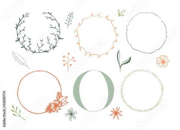 Fototapeta multicolored Botanical circle frame. Hand drawn round line border, leaves and flowers, wedding invitation and cards, logo design and posters template. Elegant vector illustration