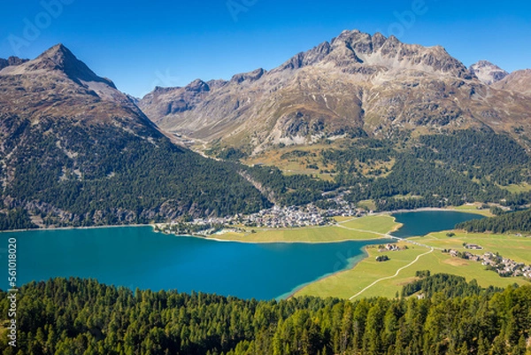 Obraz Above Silvaplana lake, Sils and Maloja from Piz Corvatsch, Engadine, Switzerland