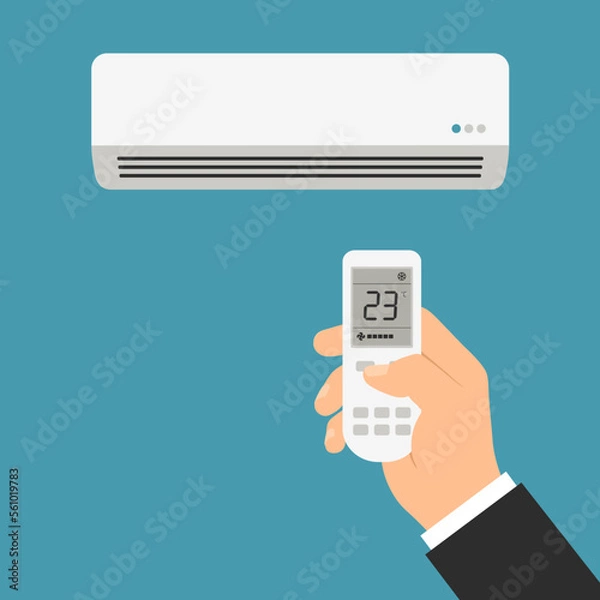 Fototapeta Male manager's hand holds air conditioner remote control and adjusts room temperature, vector with green background