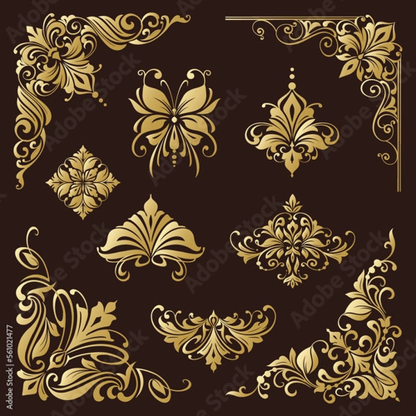 Fototapeta Vintage design lace borders monogram logo and corners, dividers Vector set art deco floral ornaments elements