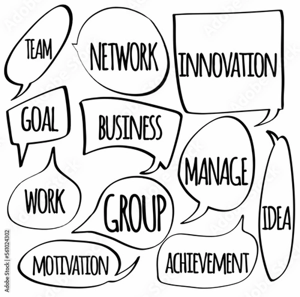 Fototapeta set hand drawn speech bubbles of TEAM, GOAL, WORK, NETWORK, BUSINESS, GROUP, INNOVATION, MANAGE, IDEA, MOTIVATION, ACHIEVEMENT. vector design illustration