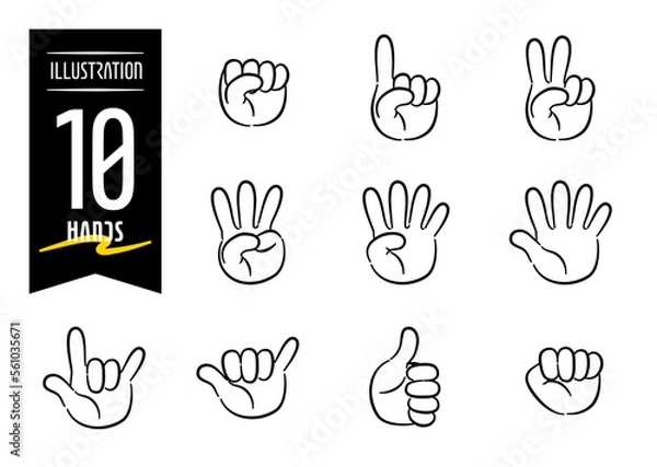 Fototapeta Set of 10 hand-drawn pop icon illustrations featuring hands with various hand signs