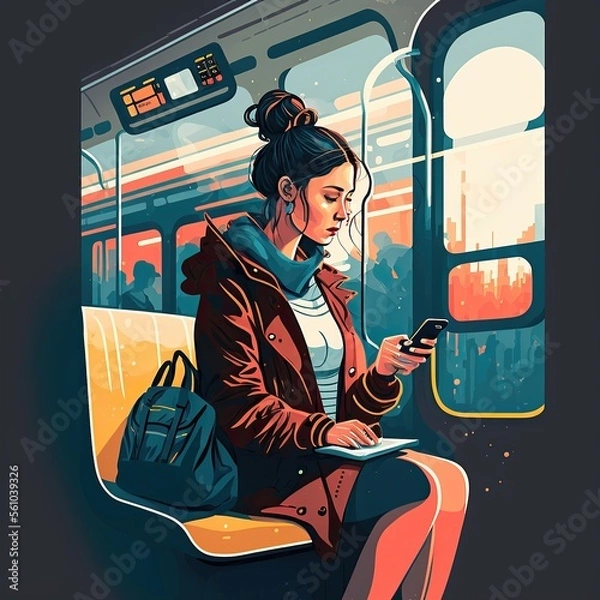 Fototapeta Generative AI illustration of woman using phone in public transport
