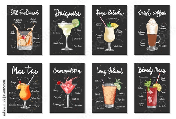 Obraz Set of 8 advertising recipe lists with alcoholic drinks, cocktails and beverages lettering posters, wall decoration, prints, menu design. Hand drawn vector engraved sketches. Handwritten calligraphy.
