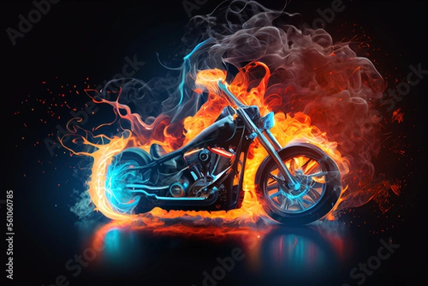 Fototapeta Burning chopper bike made of fire, smoke and sparks on black background.  
Digitally generated AI image. 