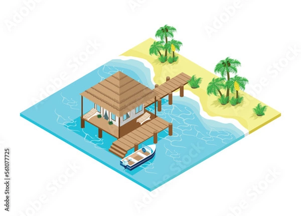 Obraz An isometric bungalow with a pier and a moored boat standing in the blue beautiful sea on a tropical coast with evergreen palm trees. Vector illustration isolated on white background.