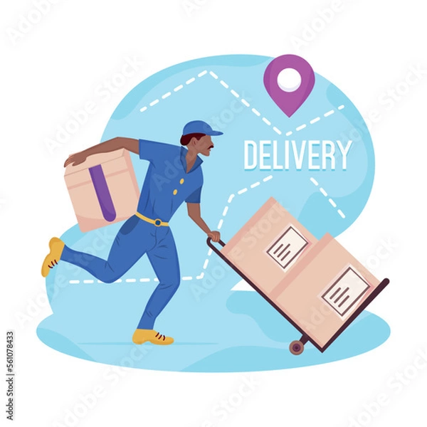 Fototapeta Delivery male character with boxes Delivery concept art Vector