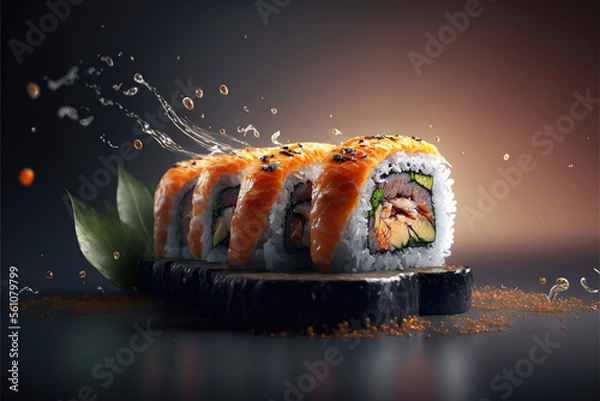 Fototapeta Delicious sushi rolls and pieces background, AI