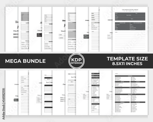 Fototapeta KDP interior bundle beauty routine planner, child medical record logbook, crossfit wod journal, family camping checklist notebook unique template design