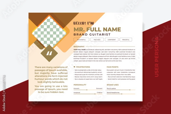 Fototapeta User Persona Document Template Vector Illustration. Examples of User Personas template. Persona Document. Persona Template for UI UX designer. User Persona vector horizontal template with blue color.