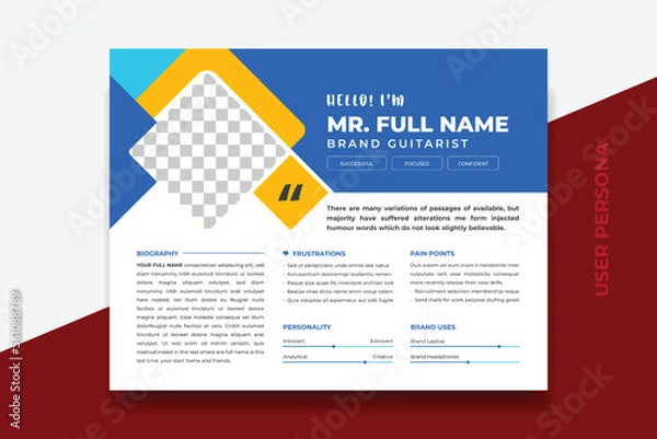 Fototapeta User Persona Document Template Vector Illustration. Examples of User Personas template. Persona Document. Persona Template for UI UX designer. User Persona vector horizontal template with blue color.