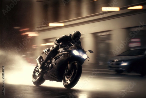Fototapeta A thrilling high speed motorcycle chase. Made with Generative AI.