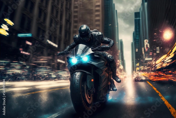Fototapeta A thrilling high speed motorcycle chase. Made with Generative AI.