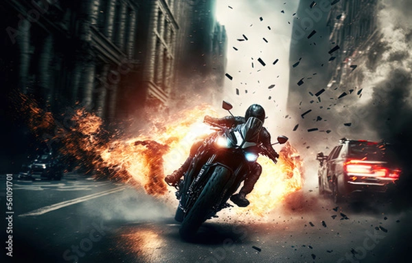 Fototapeta A thrilling high speed motorcycle chase. Made with Generative AI.