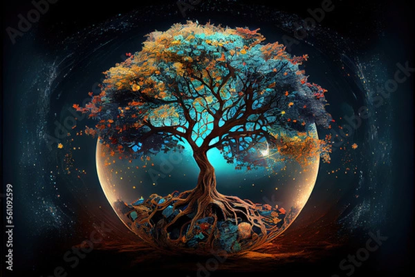 Obraz tree of life moon illustration, dark background, mystical, spiritual concept,generative ai	