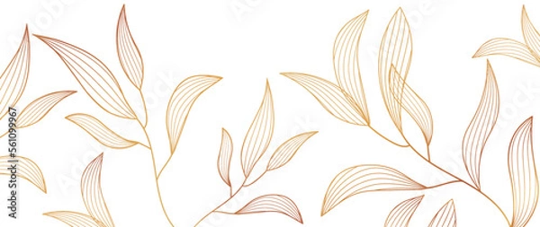Fototapeta Elegant golden tropical leaf wallpaper line, hand drawn branches. Luxury golden floral botanical vector isolated on white background. Design for decor, invitation, fabrics, prints, prints.