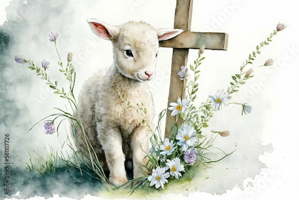 Fototapeta Easter lamb with cross and flowers watercolor, Generative AI