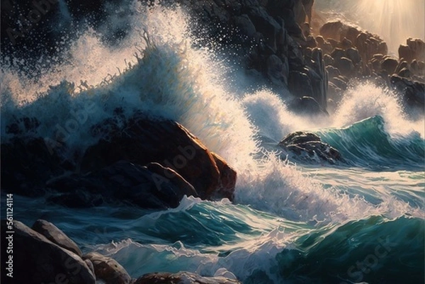 Fototapeta  a painting of a rocky coast with waves crashing against rocks and a lighthouse in the distance with a bright sun shining through the clouds above it, and a painting of a rocky cliff with.
