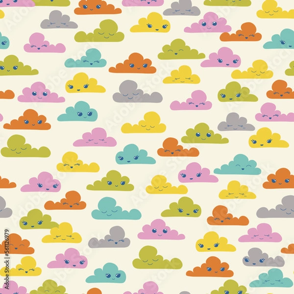 Obraz Cute colorful kawaii clouds seamless vector pattern