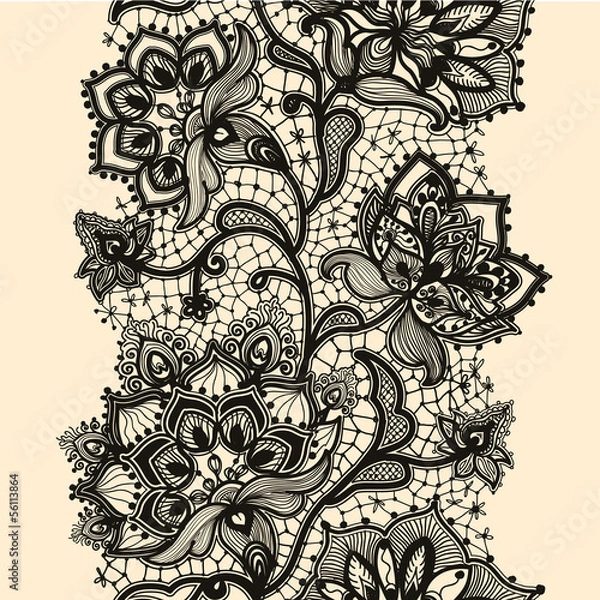 Fototapeta Abstract lace ribbon seamless pattern with elements flowers.