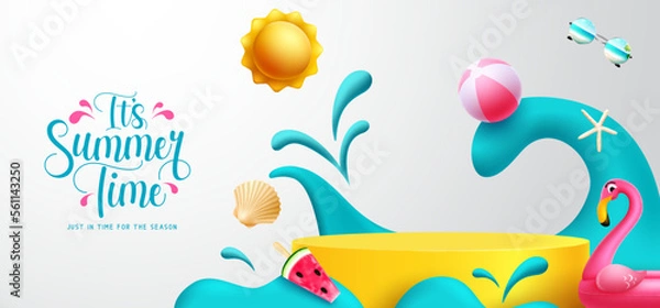 Fototapeta Summer time vector design. It's summer time text with podium and tropical elements like sun and beach ball. Vector illustration product presentation background.
