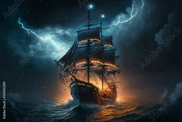 Fototapeta Landscape with pirate ship in the sea, lightning in the sky full of clouds, horizon in the background. AI digital illustration