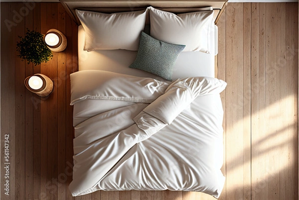Fototapeta bed with pillows and linens, top view, created by ai