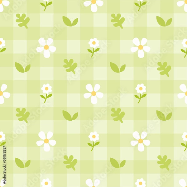 Fototapeta floral and leaf seamless pattern  with green checkered background 