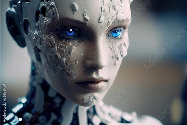 Fototapeta Futuristic AI Android in cinematic lighting, photoreal, realism, porcelan skin created with generative ai technology